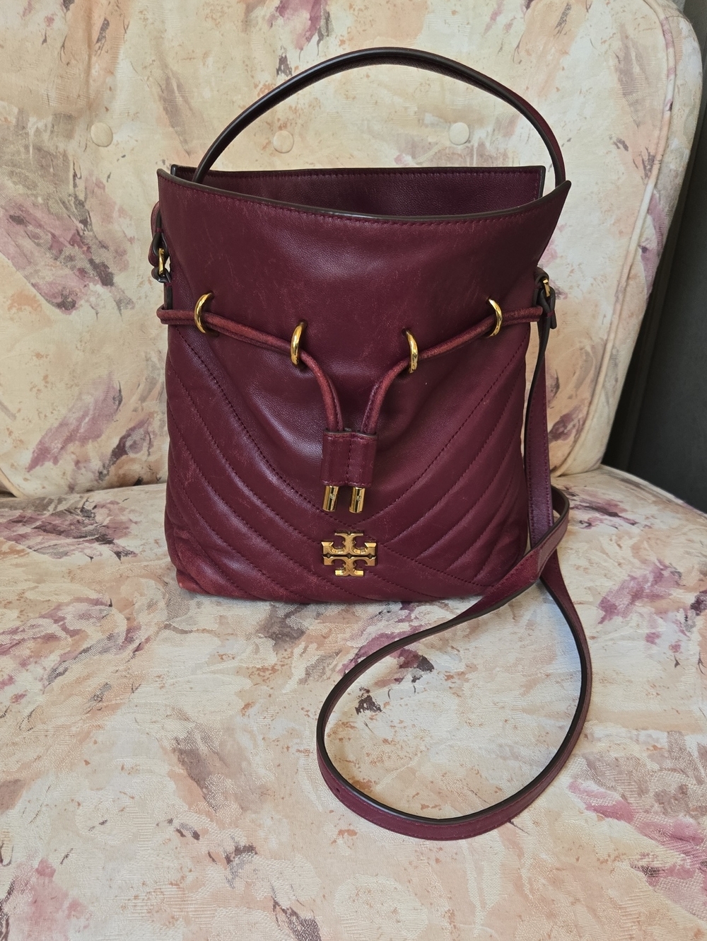 Tory Burch Burgundy Kira Chevron Mini Leather Drawstring Bucket Bag
